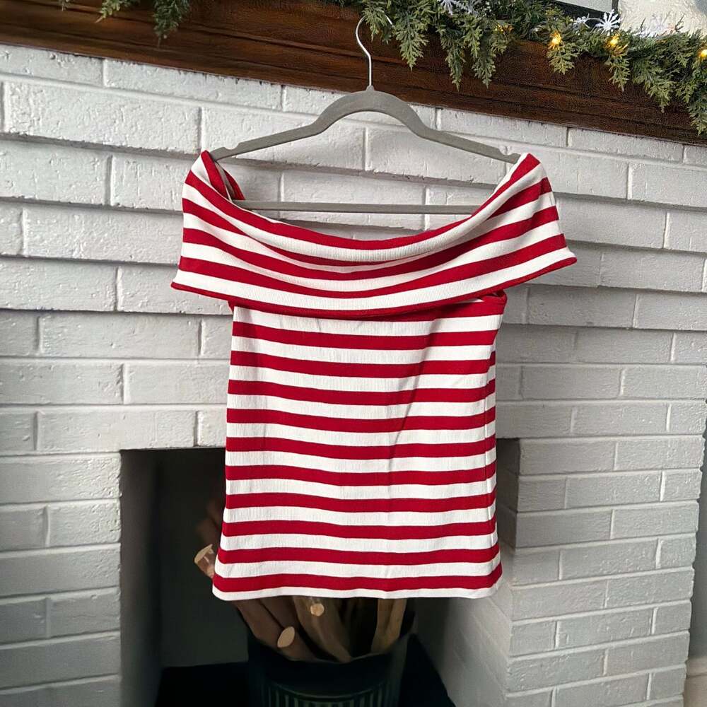 Banana Republic Red and White Striped Off-the-Shoulder Ribbed Knit Top
